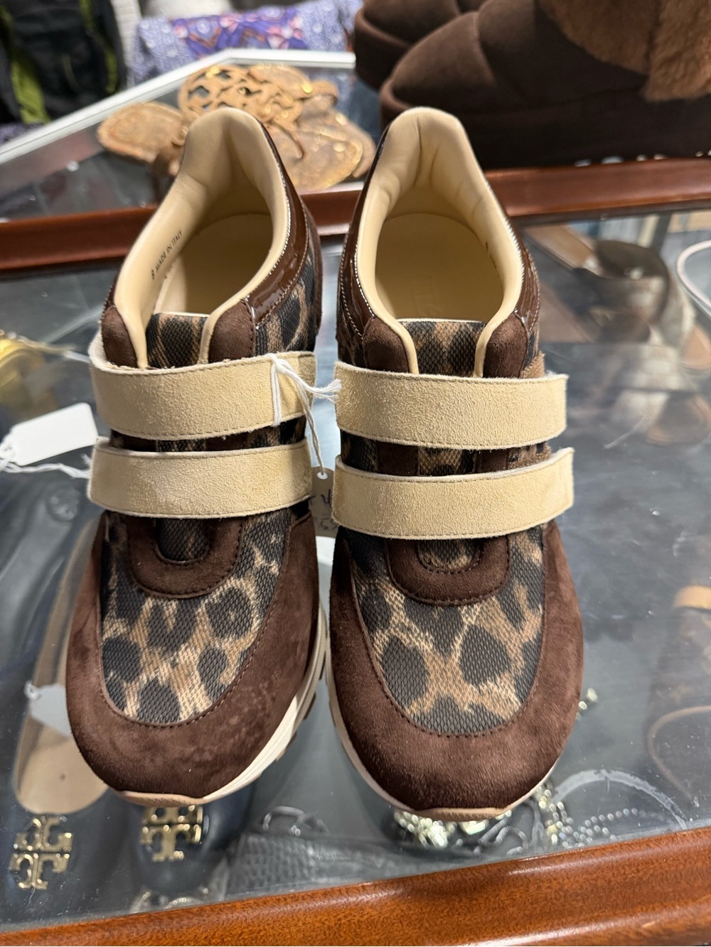 Sneex Women's Brown Leopard Print Suede Sneakers with Cream Straps